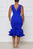 Blue Fashion Sexy Solid Split Joint V Neck Evening Dress