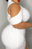 ホワイトファッションカジュアルソリッドスリットビーズマンダリンカラーペンシルスカートプラスサイズのドレス