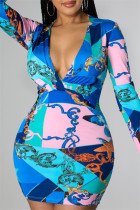 Moda azul sexy estampa patchwork decote em V vestidos de manga comprida