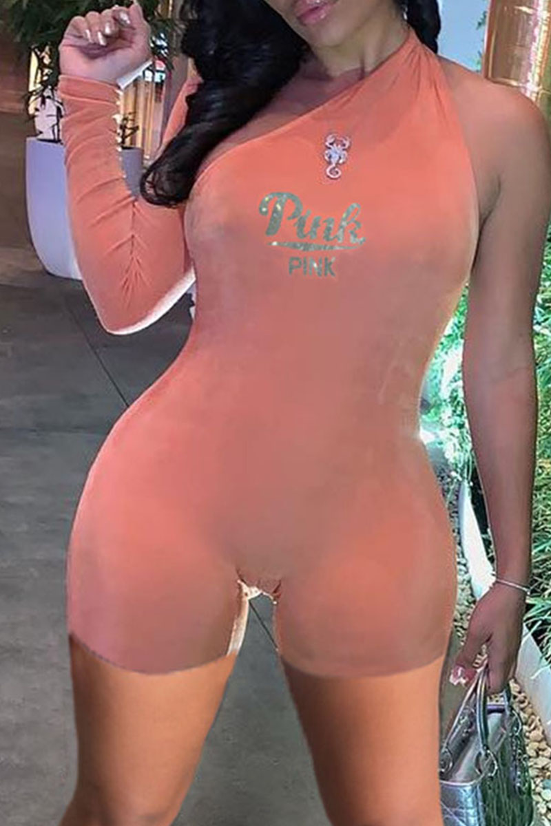 

Pink Sexy Solid Split Joint Asymmetrical Hot Drill Oblique Collar Regular Jumpsuits