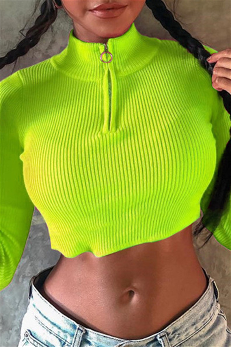 

Green Yellow Fashion Casual Solid Split Joint Zipper Collar Tops