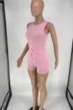Pink Casual Sportswear Solid Basic O Neck Sleeveless Two Pieces