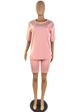 Pink Casual Sportswear Solid Patchwork O Neck Short Sleeve Two Pieces