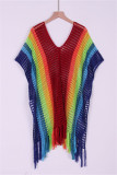 Biquíni translúcido com borla sexy moda cor arco-íris biquíni roupa de banho blusa de proteção solar