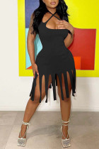 Black Sexy Solid Tassel Patchwork Pencil Skirt Dresses