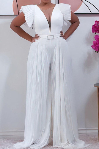 White Elegant Solid Patchwork Fold V Neck Loose Jumpsuits