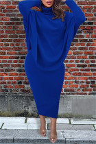 ブルー ファッション カジュアル ソリッド パッチワーク スリット 非対称タートルネック 長袖 XNUMX 枚