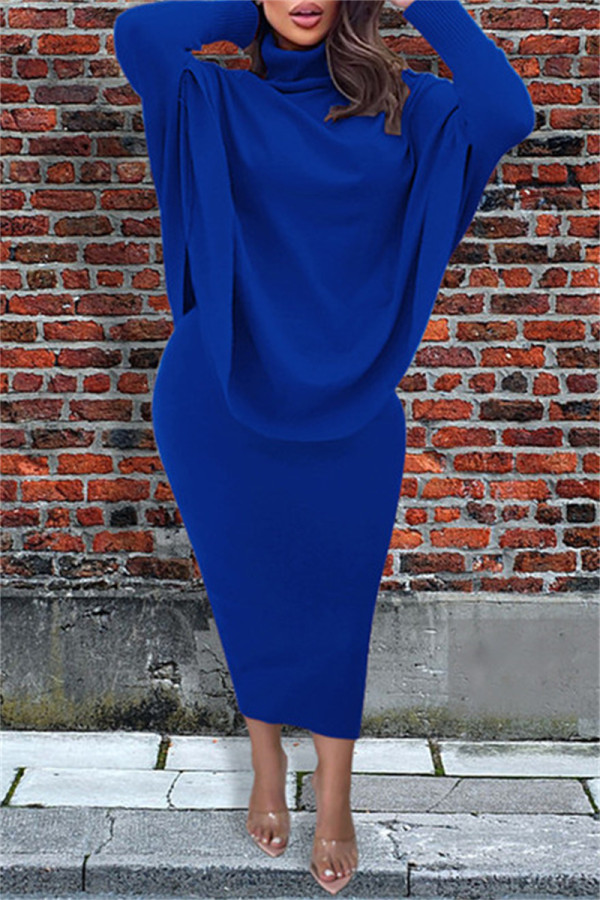 Blu moda casual tinta unita patchwork fessura dolcevita asimmetrico manica lunga due pezzi