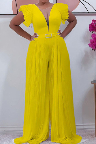 Yellow Elegant Solid Patchwork Fold V Neck Loose Jumpsuits
