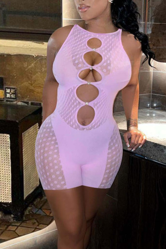 Purple Sexy Solid Hollowed Out Patchwork See-through O Neck Regular Rompers