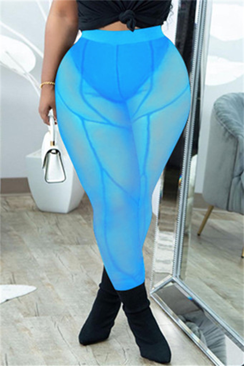 

Baby Blue Fashion Sexy Solid See-through Skinny High Waist Pencil Trousers