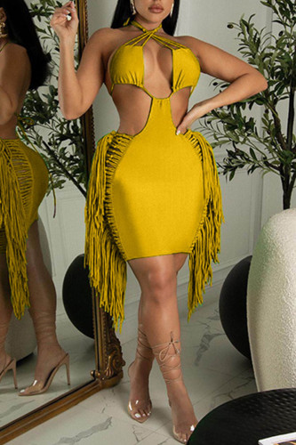 Yellow Sexy Solid Tassel Hollowed Out Split Joint Backless Halter Pencil Skirt Dresses