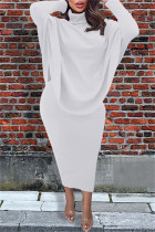 Blanco moda casual patchwork liso hendidura cuello alto asimétrico manga larga dos piezas