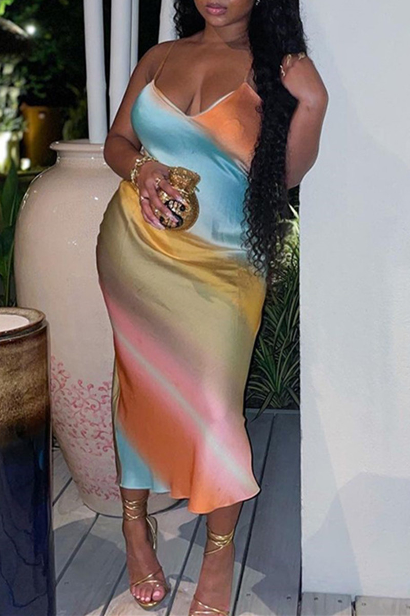 

Colour Fashion Sexy Print Backless V Neck Sling Dress