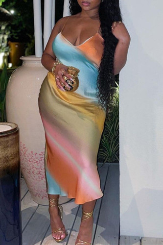 Color Fashion Sexy Print Backless Sling Dress mit V-Ausschnitt