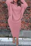 ピンク ファッション カジュアル ソリッド パッチワーク スリット 非対称タートルネック 長袖 XNUMX 枚