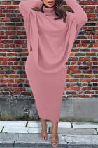 Розовая модная повседневная однотонная лоскутная асимметричная водолазка с разрезом и длинным рукавом из двух предметов