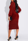 Röd Mode Casual Bronzing Bright Silk V-hals långärmade klänningar