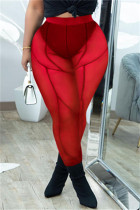 Red Fashion Sexy Solid See-through Skinny High Waist Pencil Trousers