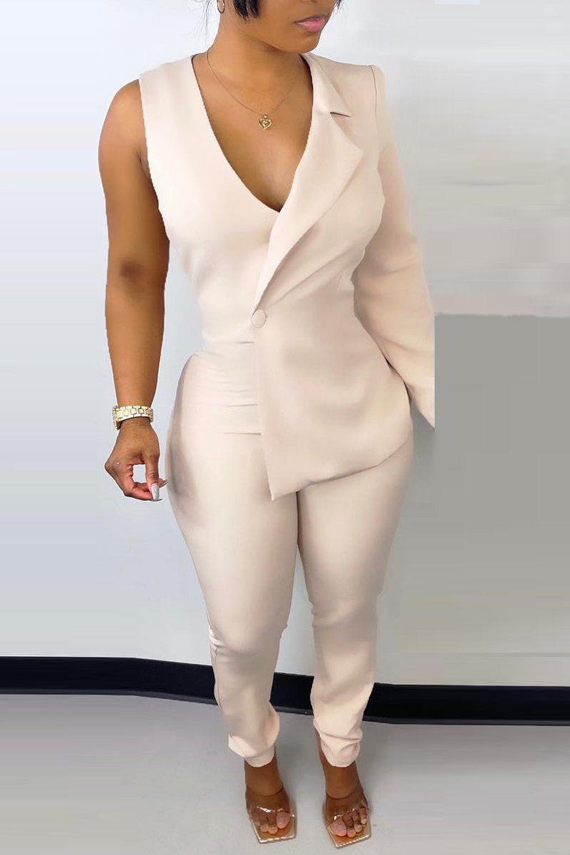 

Cream White Fashion Casual Solid Vests V Neck Regular Jumpsuits