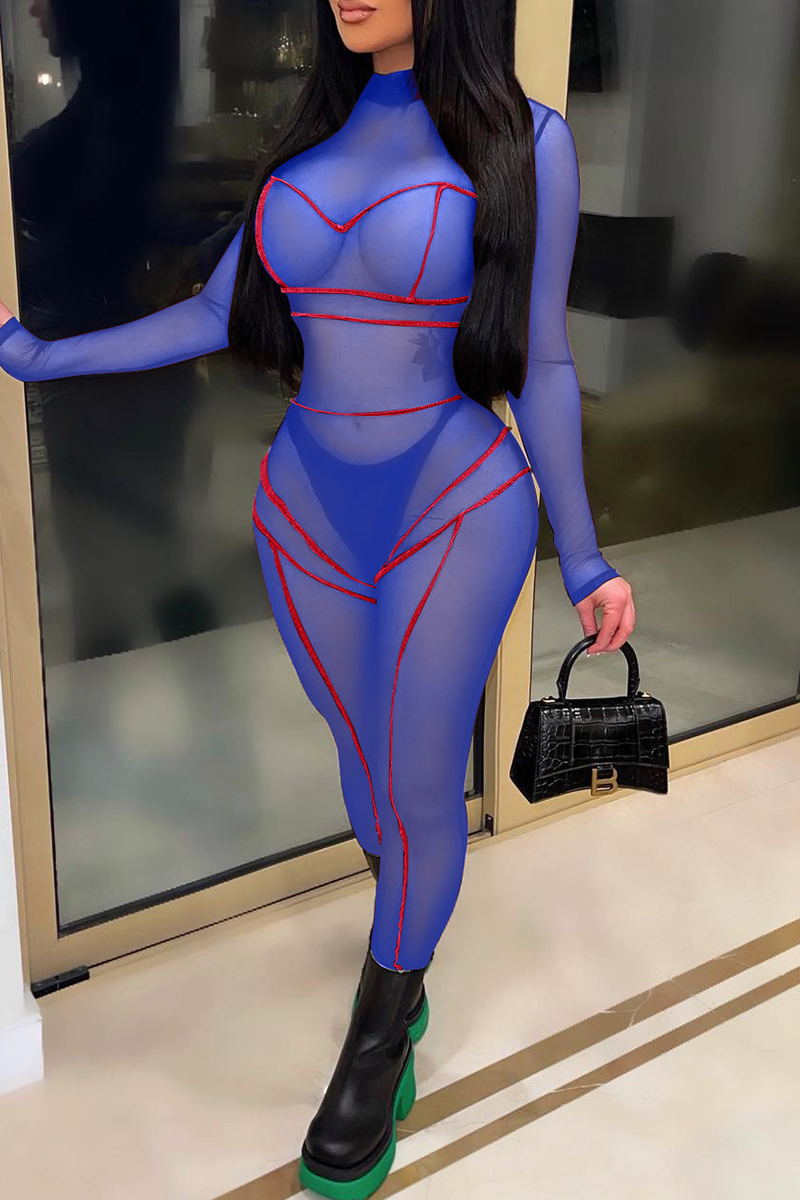 

Blue Fashion Sexy Solid Split Joint See-through Half A Turtleneck Skinny Jumpsuits