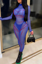 Blue Fashion Sexy Solid Patchwork See-through Half A Turtleneck Skinny Jumpsuits