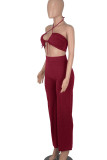 Burgundy Sexy Solid Patchwork Frenulum Strapless Two Pieces