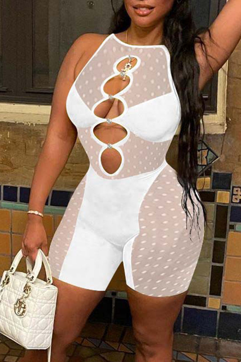 

White Sexy Solid Hollowed Out Patchwork See-through O Neck Regular Jumpsuits