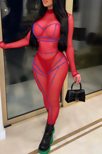 Red Fashion Sexy Solid Patchwork See-through Half A Turtleneck Skinny Jumpsuits
