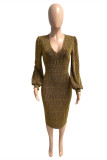 Brunt Mode Casual Bronzing Bright Silk V-hals långärmade klänningar