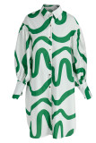 White Green Fashion Striped Print Split Joint Buckle Turndown Collar Shirt Dress Dresses