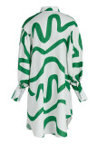 White Green Fashion Striped Print Split Joint Buckle Turndown Collar Shirt Dress Dresses