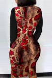 Moda vermelha casual estampa patchwork fenda o pescoço vestidos de manga comprida
