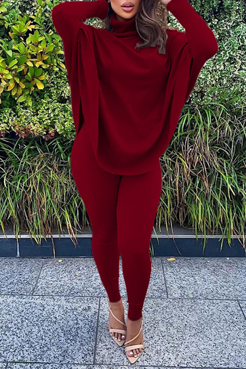 

Burgundy Casual Solid Patchwork Turtleneck Long Sleeve Two Pieces