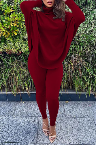 Burgundy Casual Solid Split Joint Turtleneck Long Sleeve Two Pieces