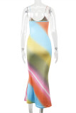 Color Fashion Sexy Print Backless Sling Dress mit V-Ausschnitt