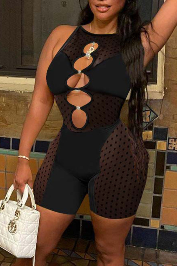 Black Sexy Solid Hollowed Out Patchwork See-through O Neck Regular Rompers