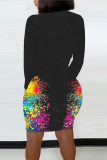 Multicolor Fashion Casual Print Patchwork Slit O Neck Long Sleeve Dresses