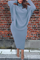 グレー ブルー ファッション カジュアル ソリッド パッチワーク スリット 非対称タートルネック 長袖 XNUMX 枚