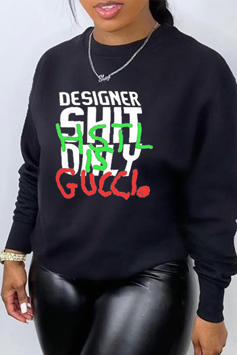 

Black Casual Daily Print Split Joint Letter O Neck Tops