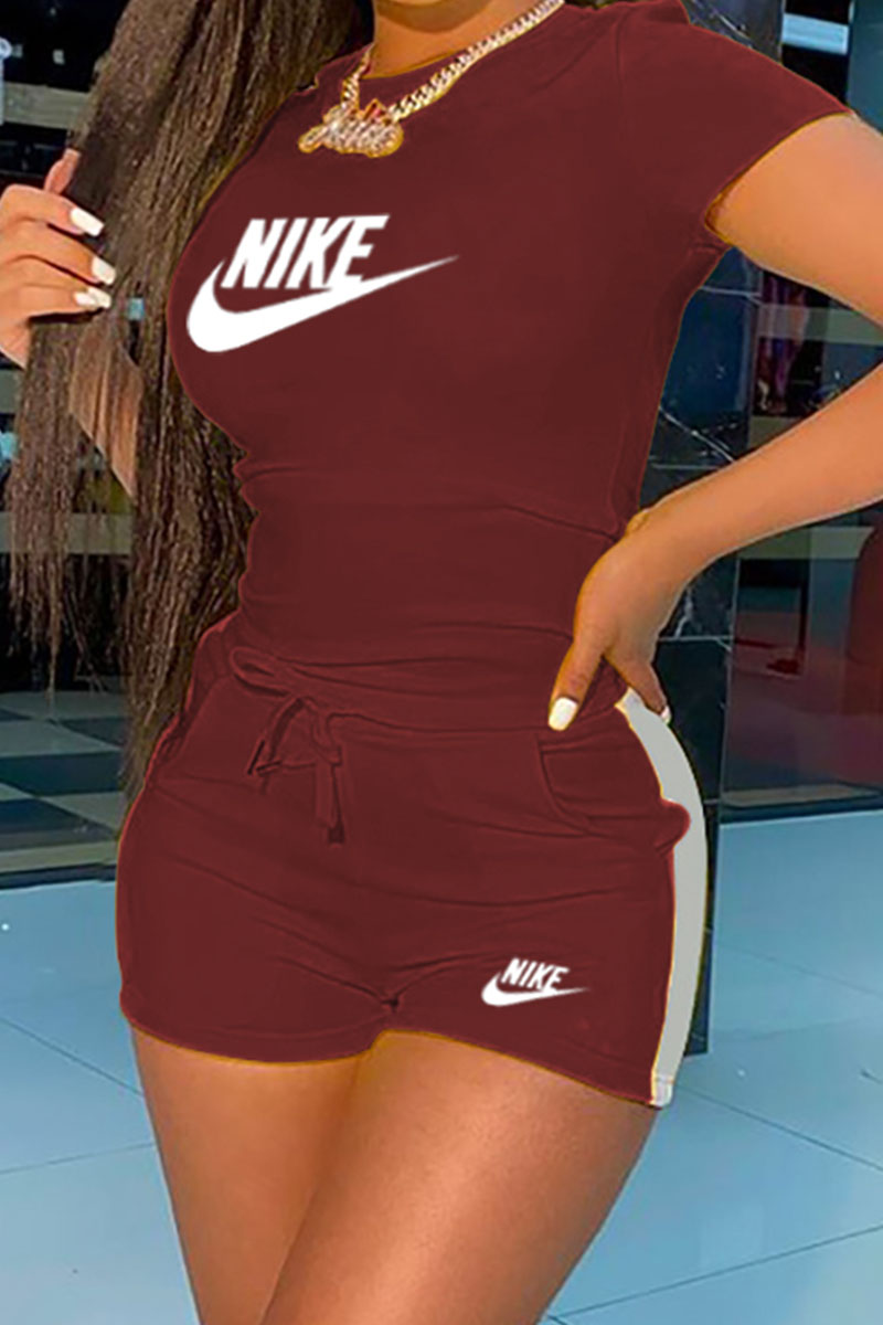 

Burgundy Fashion Casual Print Letter O Neck Short Sleeve Two Pieces