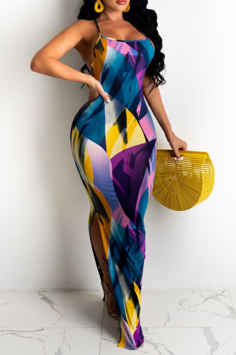 Blue Purple Sexy Print Patchwork Spaghetti Strap Pencil Skirt Dresses