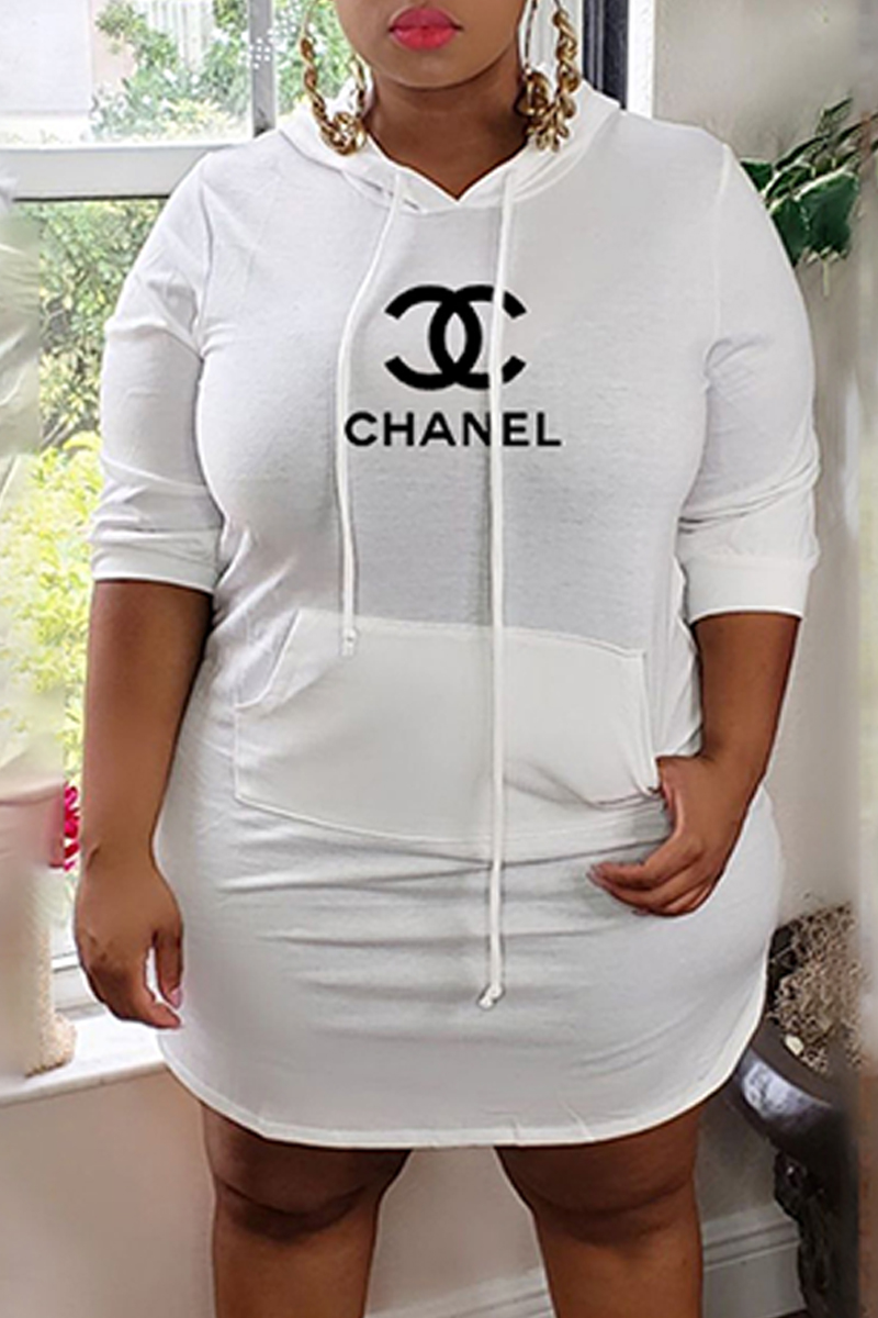 

White Fashion Casual Print Letter Hooded Collar One Step Skirt Plus Size Dresses