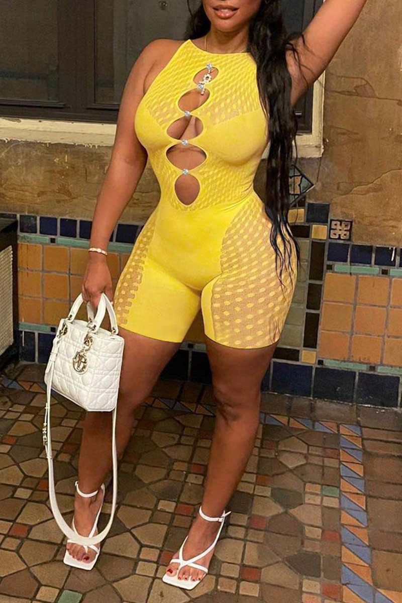 

Yellow Sexy Solid Hollowed Out Patchwork See-through O Neck Regular Jumpsuits