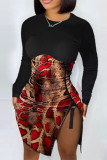 Red Fashion Casual Print Patchwork Slit O Neck Long Sleeve Dresses