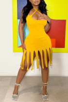 Желтые сексуальные однотонные платья-юбки-карандаши с кисточками в стиле пэчворк