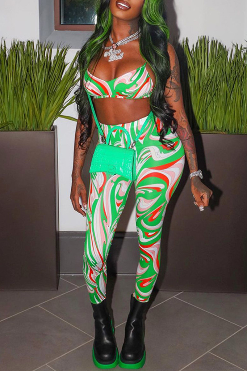 

Green Fashion Sexy Print Backless Vests Pants Spaghetti Strap Sleeveless Two Pieces