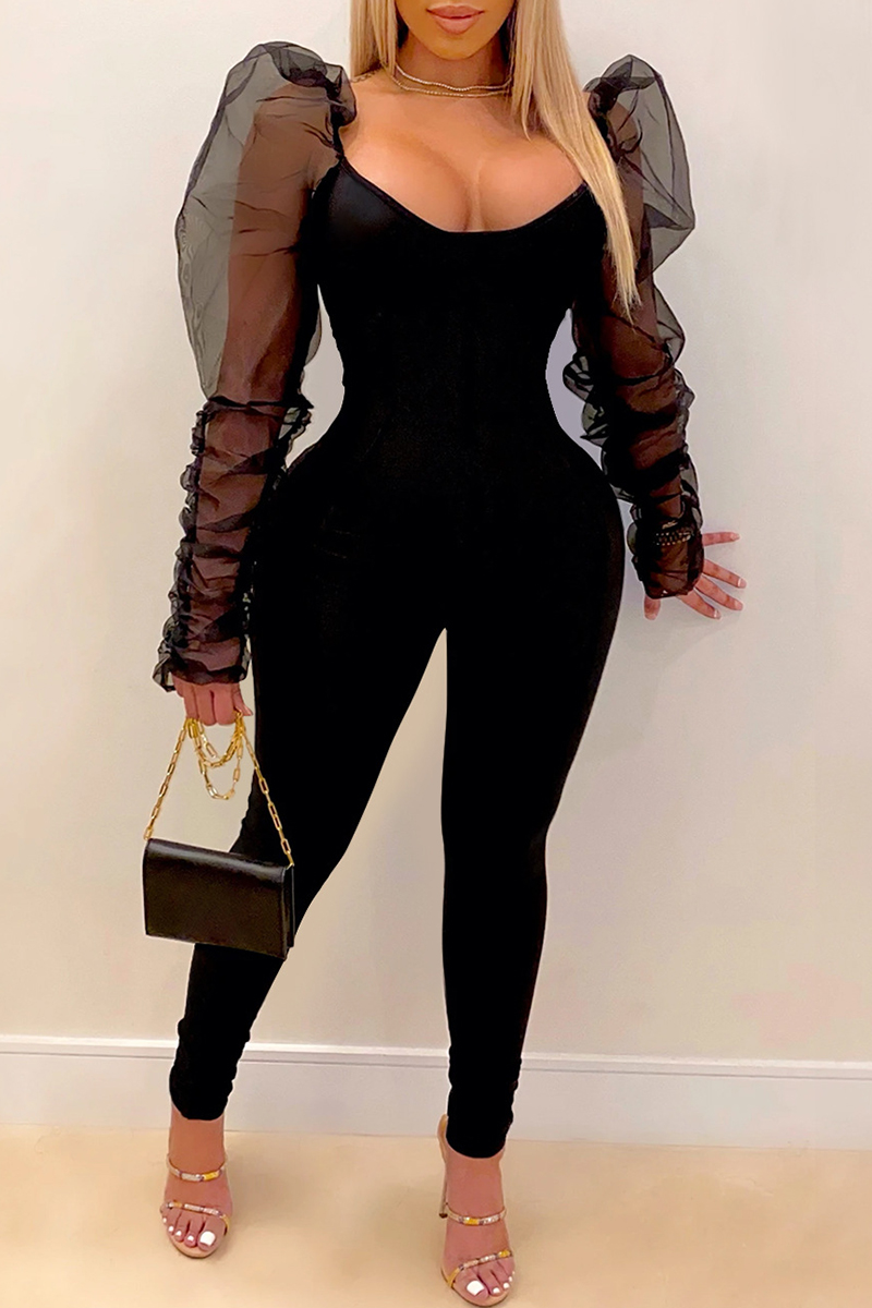 

Black Fashion Solid Split Joint O Neck Skinny Jumpsuits