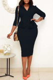 Vestidos de falda lápiz con cuello en V y cinturón de patchwork liso informal de moda negro
