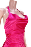 Розово-красные сексуальные однотонные лоскутные платья с открытой спиной и воланами с лямкой на шее